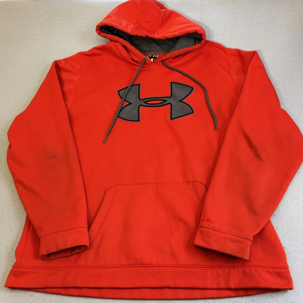 Under Armour Hoodie Mens 2XL Orange Storm Big Logo Pullover Loose Fit Sweatshirt